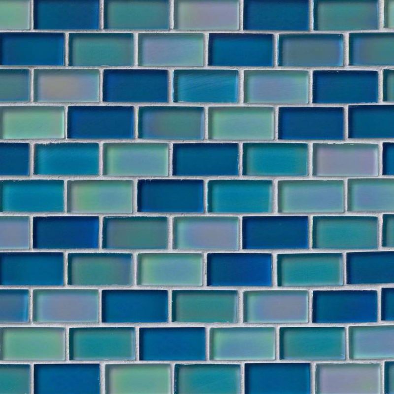 Iridescent Blue Blend Glass Brick Pattern Pool Backsplash Tile