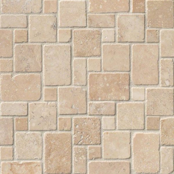 Ivory Travertine Mini Versailles Pattern Tumbled in 12x12 Mesh